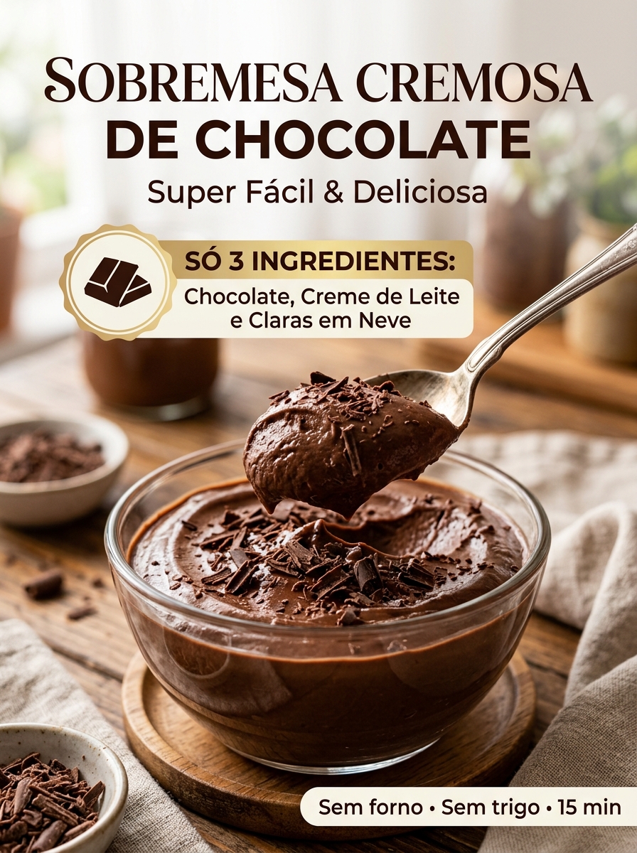 Sobremesa Cremosa de Chocolate de 3 Ingredientes: Sem Forno e Sem Trigo